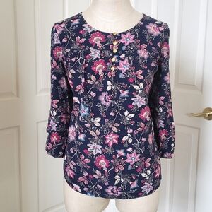 ST. JOHN'S BAY Floral Navy Blue Pink Blouse Peasant Top